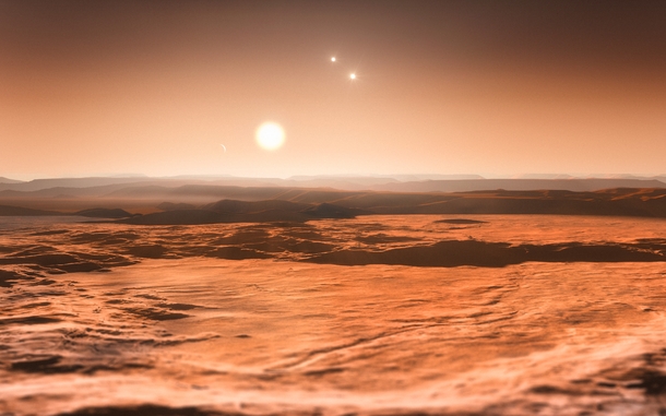 Artists impression of the view from exoplanet Gliese Cd The Gliese C system is a triple-star system Three planets in this system are candidates for the presence of life 