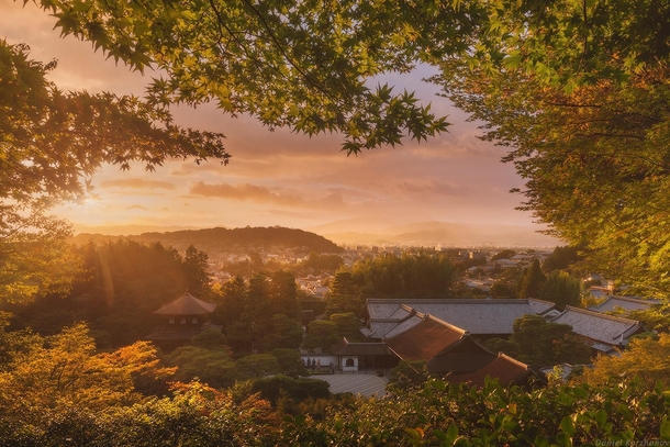 As the sun sets over Kyoto Japan 