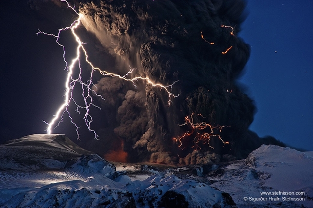 Ash and Lightning above an Icelandic Volcano by Sigurur Stefnisson 