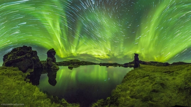 Auroras and Star Trails over Iceland The featured  panorama is the digital fusion of four wide-angle cameras each simultaneously taking  shots over  minutes Credit Vincent Brady 