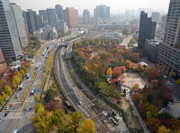 Autumn leaves next to railroads in downtown Seoul South Korea 
