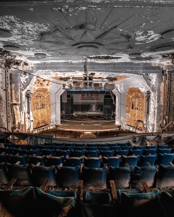 Balcony view of an abandoned art deco theater 