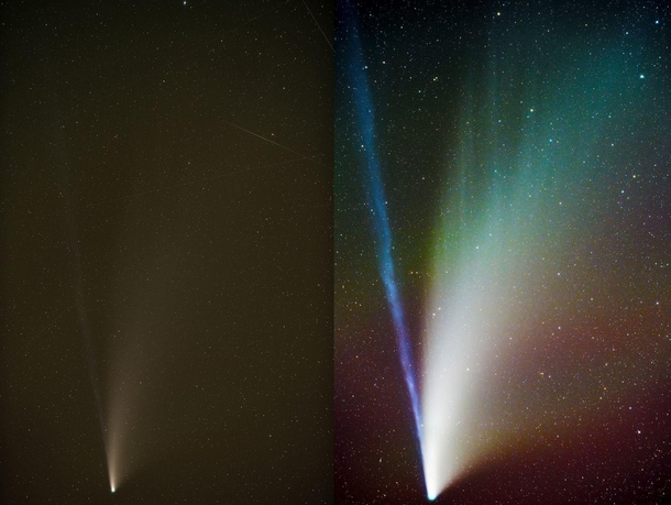 Before and after editing a stacked -minute Comet NEOWISE photo