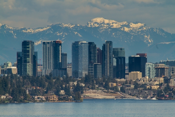 Bellevue WA USA just east of Seattle with tbe Cascade Range looming further east