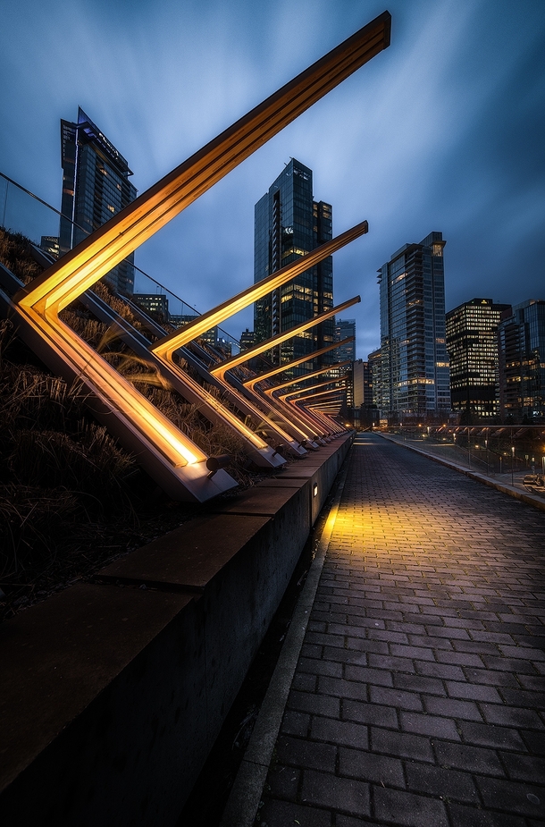 Blue hour last night in beautiful Vancouver I love the lights along this path X-Post from rVancouver 