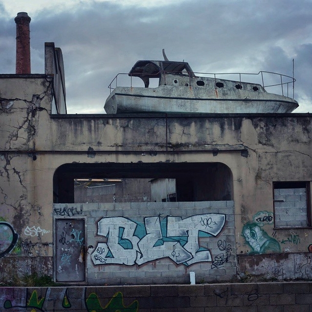Boat on the roof of an abandoned factory in Matosinhos Portugal 