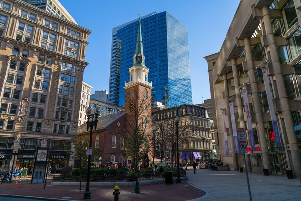 Boston my nominee for the YoungOld Hall of Fame The Church where the Tea Party began across from Ben Franklins birth spot under a glass tower 