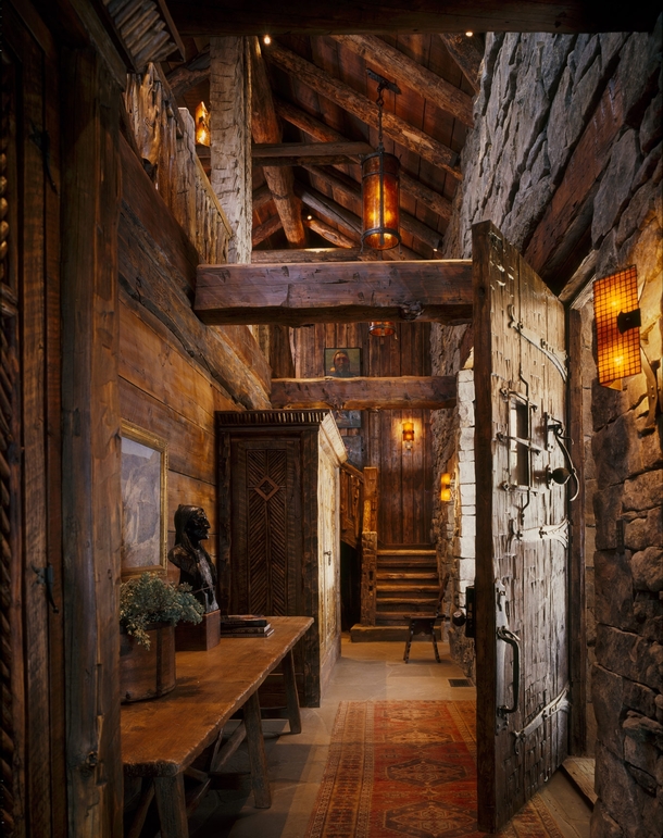 Cabin Entry Reclaimed Beams amp Large Scale Proportions emphasize Strong Rustic Warmth Peace Design 