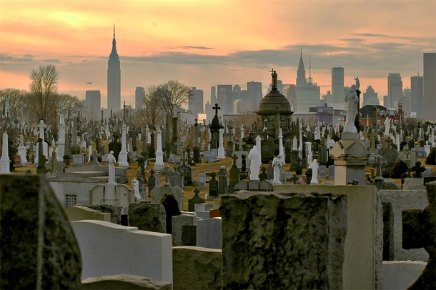 Calvary Cemetery Queens with Midtown Manhattan looming in the background 