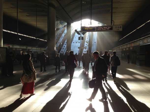 Canary Wharf station on a sunny evening 