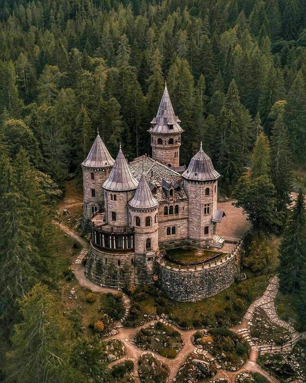 Castle of Queen Margherita of Savoy - Gressoney-Saint-Jean Italy - Designed in an eclectic style flanked by  Neo-Gothic towers of different heights one octagonal by architect Emilio Stramucci in  - Open to the Public