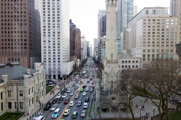 Chicagos Magnificent Mile Michigan Ave viewed from th floor StarbucksUniqlo 