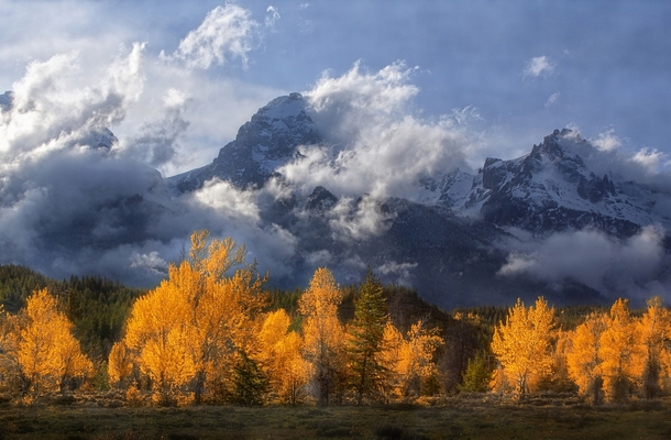 Cloudy Grand Tetons Wyoming  by Karen Hunnicutt