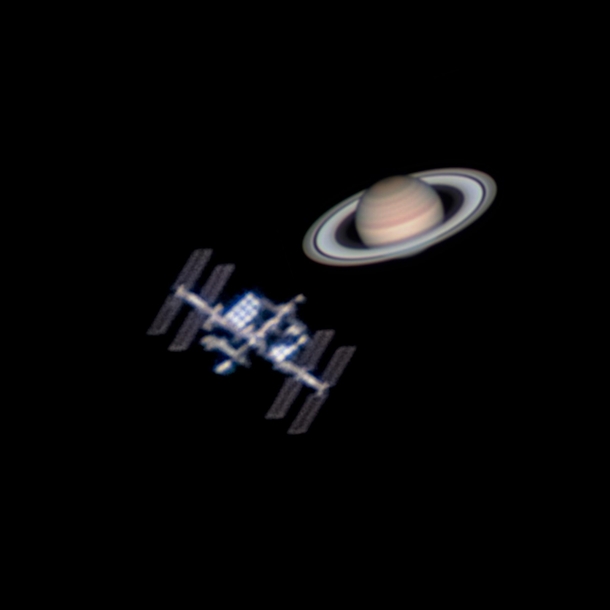 Coincidentally Saturn and the space station can appear about the same size in the night sky Here are my photos of each composited side by side to compare Both images were photographed with the same gear at the same scale