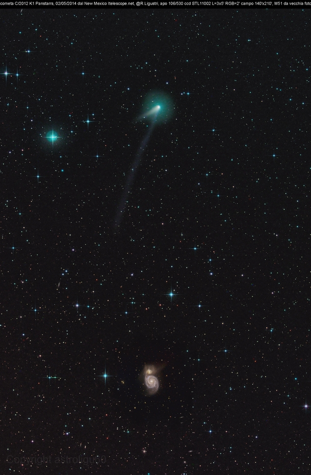 Comet C K PANSTARRS inward bound shown about  degrees north of the interacting galaxy MThe comet may become visible to the naked eye in October 