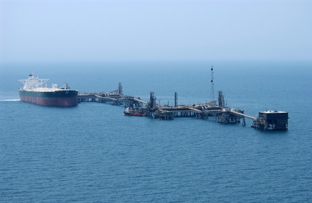 Commercial oil tanker AbQaiq readies itself to receive oil at Mina-Al-Bkar Oil Terminal MABOT an off shore Iraqi oil installation 