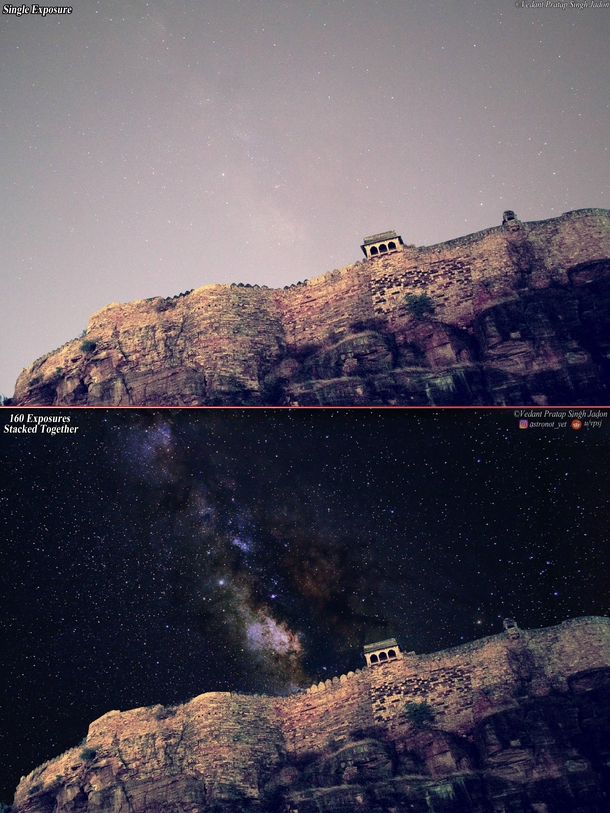 Comparison of  vs  Frames Captured Milky Way even from Bortle - skies This was taken at the Historic Gwalior Fort in India I manually processed and merged  exposures together using a technique called Stacking 