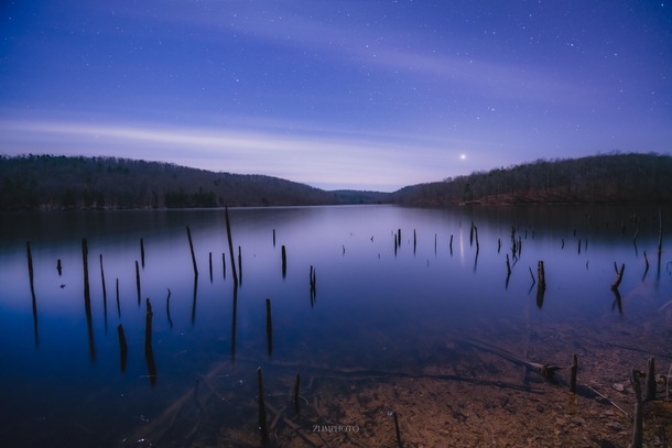 Conjunction of Saturn and Jupiter over Council Bluff Lake in Potosi MO 