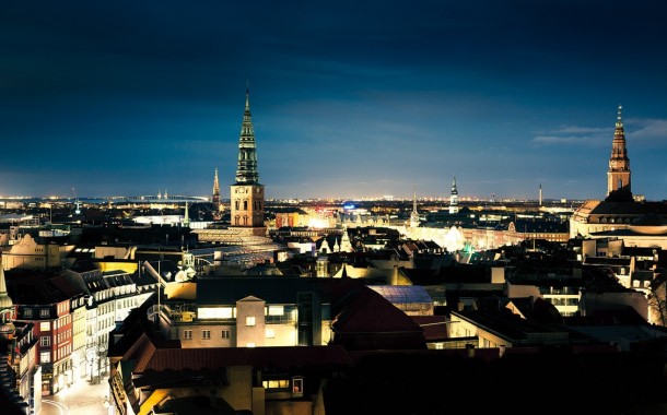 Copenhagen Denmark skyline by night 