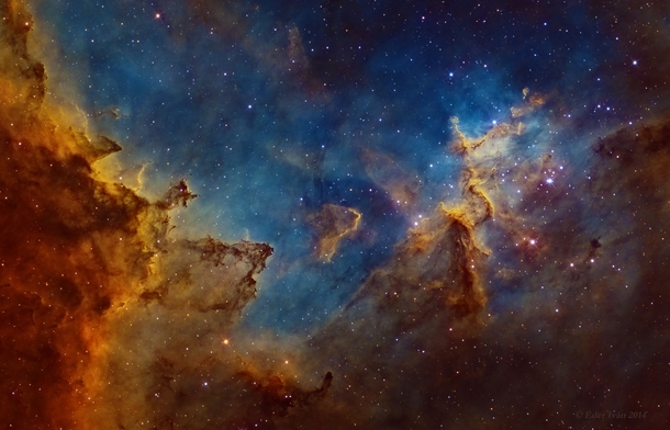 Cosmic clouds in the Heart Nebula nebula IC  sculpted by stellar winds and radiation from massive hot stars in the nebulas newborn star cluster Melotte  image by Eder Ivan 