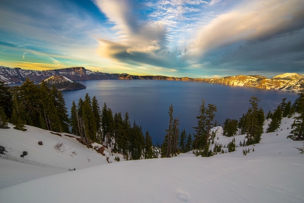 Crater Lake at sunset with a little overcast 
