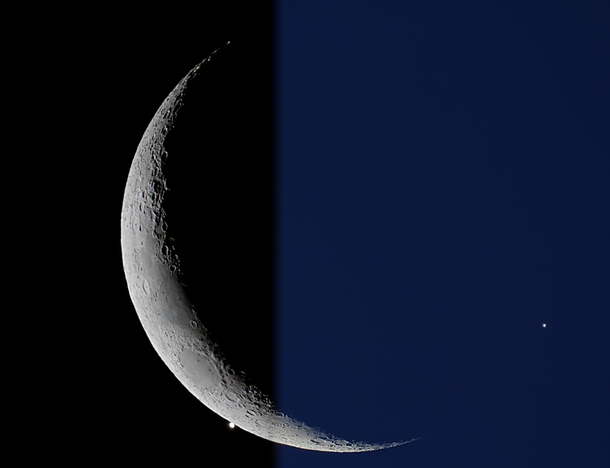 Crescent Moon Meets Evening Star -- This two frame mosaic shows the Moon and Venus before and after the occultation on Sept  Venus appears at right just before it winked out behind the dark lunar limb still in bright twilight skies About an hour later Ven