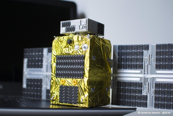 D printed model of Astroscales satellite ELSA-D This is something I D modelled and D printed using different filament colours for the parts and golden wrapping plastic over the Bus to simulate the Multi-layer Insulation I hope D printed models have some s