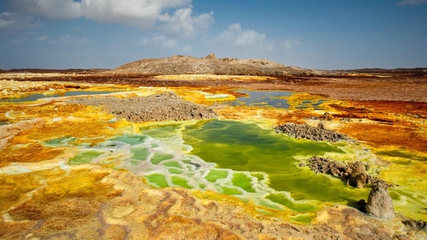 Dallol Volcano Ethiopia Vivid colors caused by groundwater and magma colliding sulphur iron oxide salt and other minerals 