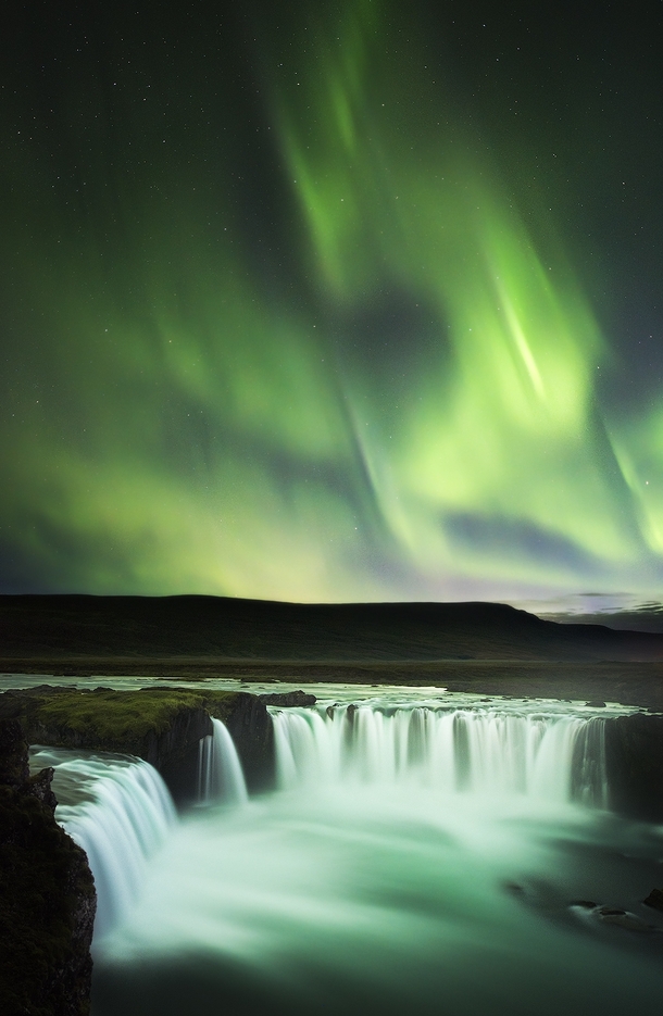 Dancing over Goafoss the most magnificent display of northern lights Ive ever seen Iceland 