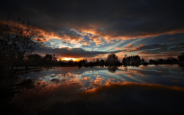 Dark Sunset Lake Reflection 