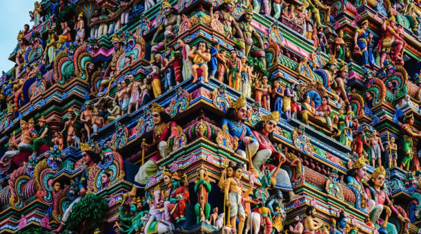 Detail of the main gopuram of Kapaleeshwarar Temple Mylapore India The origins of this temple can be traced back to the th century AD The current structure was built in the late th or early th century after the older temple was demolished by Portuguese se