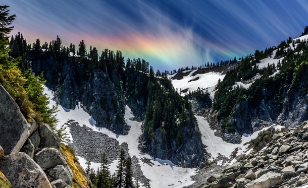 Difficult hike with child in tow was rewarded with an epic rainbow at the end Unicorn Peak Mt Rainier National Park WA 