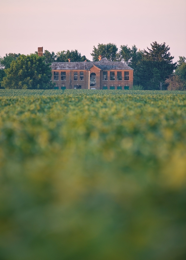 Dilapidated school building surrounded by soybean fields