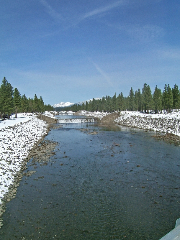 Diversion channel nicknamed the Super Ditch diverting overflow from the North Fork Feather River in Plumas County CA 