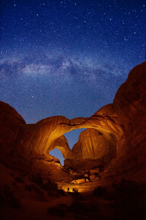 Double Arch and Milky Way stars at Arches National Park on October   in Utah 