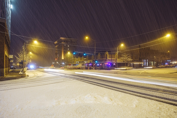 Downtown Missoula Montana during a snowy night