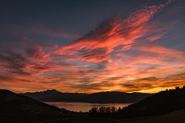 Dramatic sunset at lake Attersee in Austria 