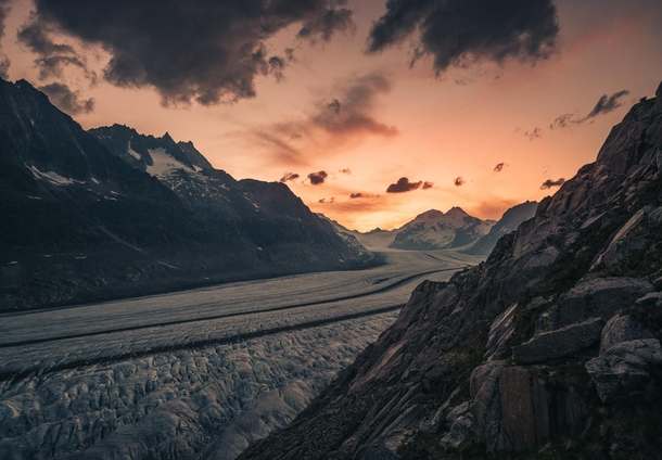 Dramatic sunset at the Aletsch Glacier Switzerland    OC