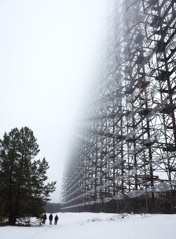 Duga in the fog a huge abandoned OTH radar next to Pripyat in the Chernobyl Exclusion Zone Some humans for scale