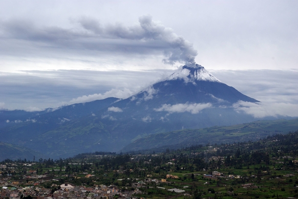 Early morning Overlooking Pelileo Ecuador while Volcan Tungurahua was erupting 