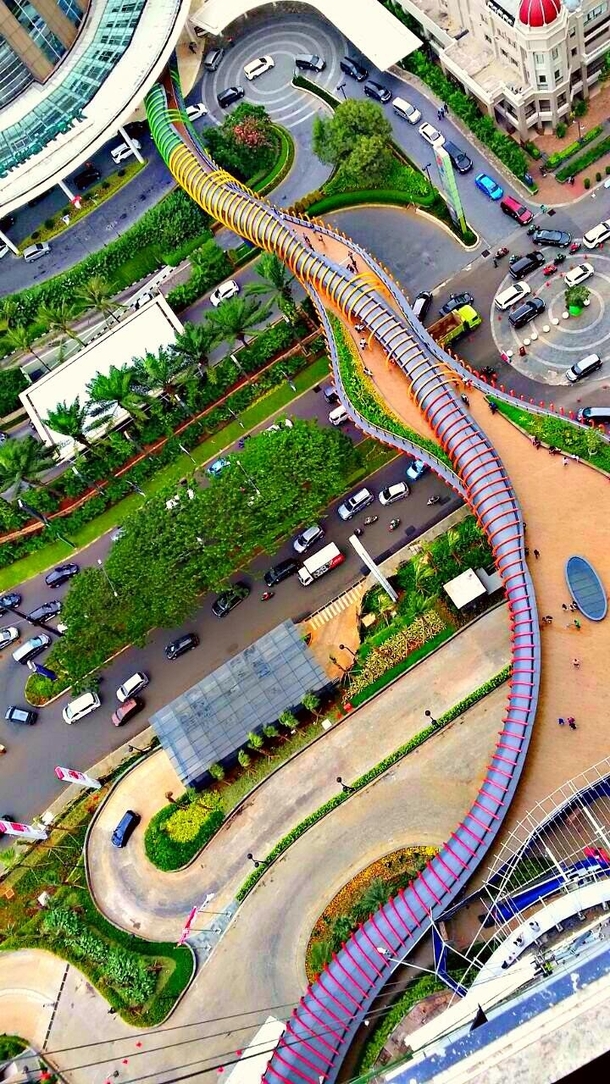Eco Skywalk between Neo SOHO Tower and APL Tower Western Jakarta From above it looks like a giant snake skin 