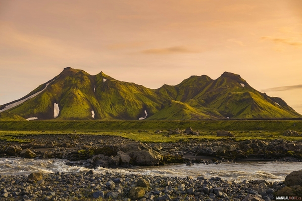 Encountered this green mountain on our hike to Emstrur Iceland Wish I could have stayed longer to get deeper sunset colors but we had to move on 