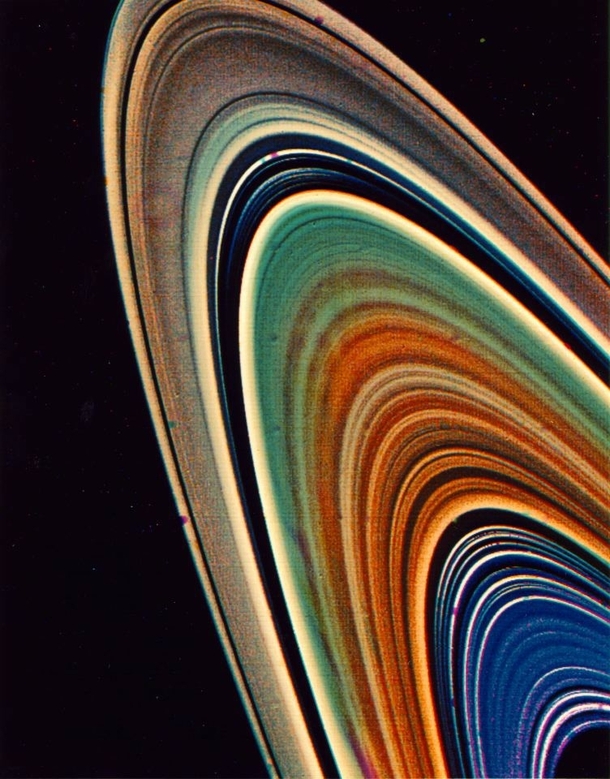 Enhanced color view of Saturns ring system was assembled from clear orange and ultraviolet frames from a distance of  million kilometers  million miles by Voyager  in  The difference in color is attributable to chemical and physical variations 