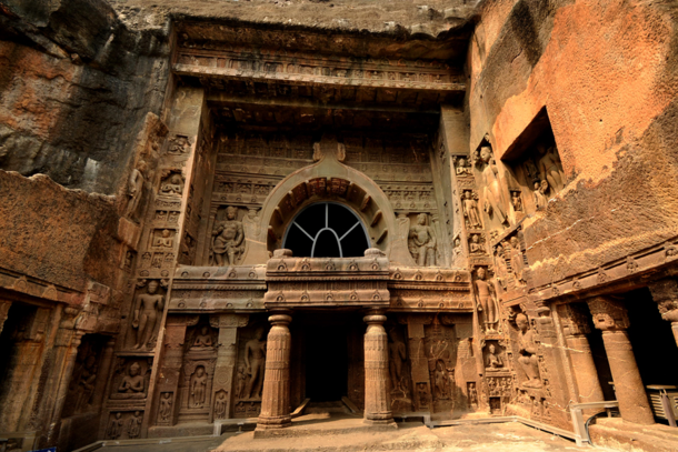 Entrance faade of Cave  at rock-cut Ajanta Caves in INDIA is a worship hall chaitya griha datable to the th century CE