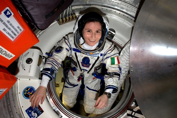 ESA astronaut Samantha Cristoforetti checks her Sokol pressure suit in preparation for the Expedition  crews departure from the International Space Station after   months in space 