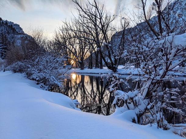 Evening walk in Provo Canyon after snowstorm Provo Utah USA 