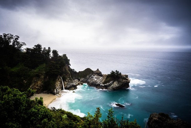 Every time I go up the CA coast it seems to rain heres a rainy day at McWay Falls Big Sur 