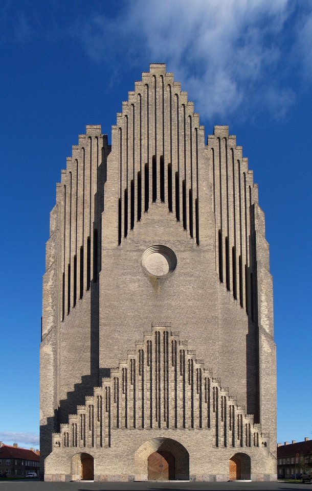 Facade of the Grundtvigs Church located in the Bispebjerg district of Copenhagen Denmark It is a rare example of expressionist church architecture 