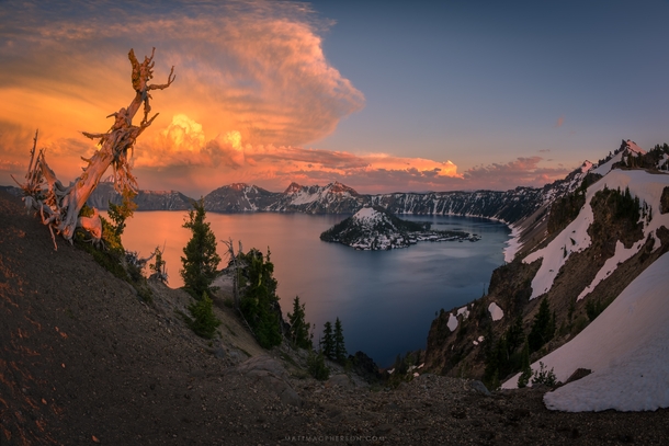 Fascinating to see how the different cloud types catch the light - Crater Lake Oregon 