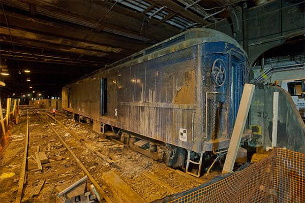 FDRs Secret Armored Train Car that helped him keep his Polio secret Hidden beneath the Waldorf-Astoria platform in NYC and is still there MIC 